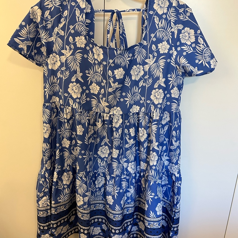 Pink Ripple Blue Floral Dress Size Large